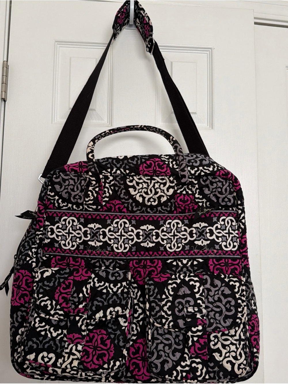 Vera Bradley Patterned Quilted Travel Tote Bag in Black, White & Pink